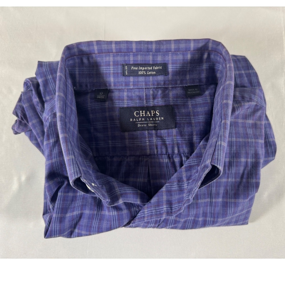 VTG 90s Chaps Ralph Lauren Mens Purple Plaid Cotton Long Sleeve Shirt 17 34/35